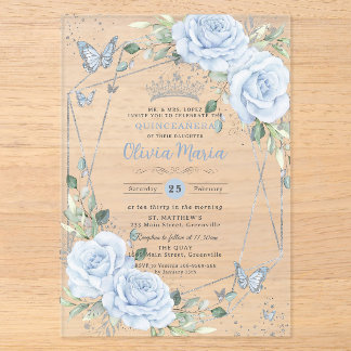 Baby Blue Florale Butterflies Silber Quinceanera Acryleinladungen