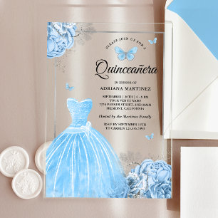 Baby Blue Florale Butterfly Silber Quinceanera Acryleinladungen
