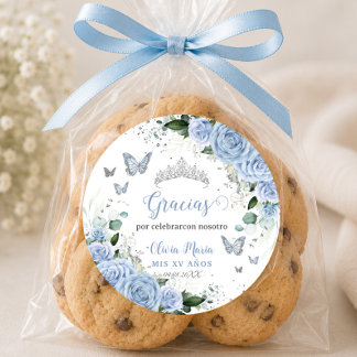 Baby Blue Florale Schmetterlinge Quinceañera Sweet Runder Aufkleber