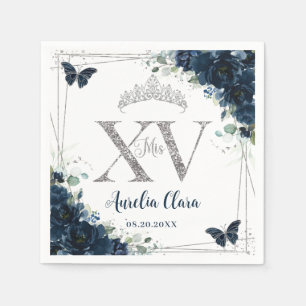 Baby Blue Florale Schmetterlinge Silber Quinceañer Serviette