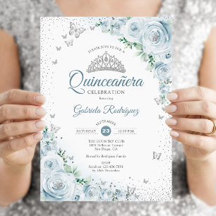 Baby Blue Florale Wasserfarben Rosen Quinceanera Einladung