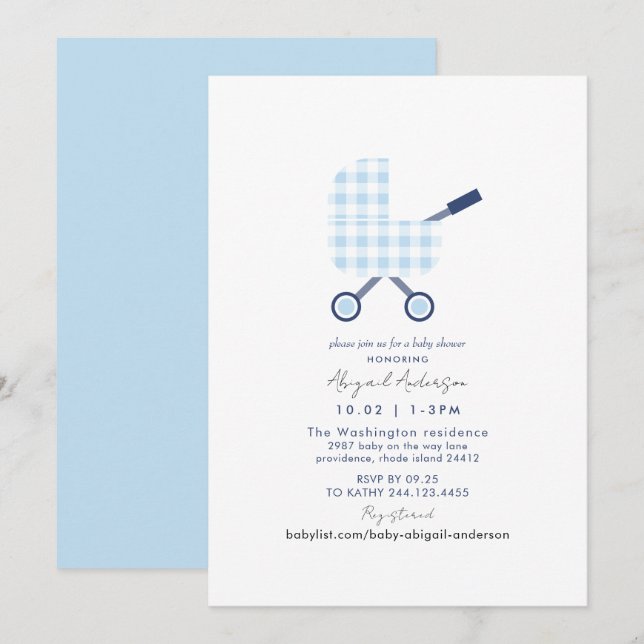 Baby Blue Gingham Baby Shower Einladung (Vorne/Hinten)