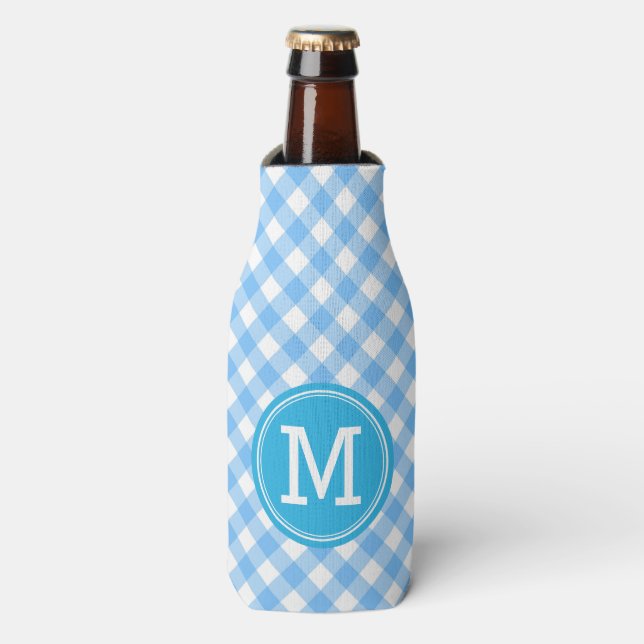 Baby Blue Gingham Personalize Monogram Flaschenkühler (Flaschenvorderseite)