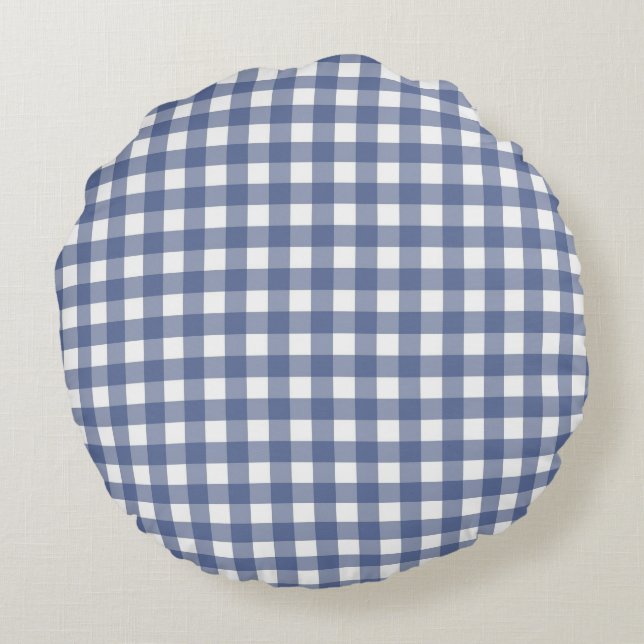 Baby Blue Gingham Rundes Kissen (Rückseite)