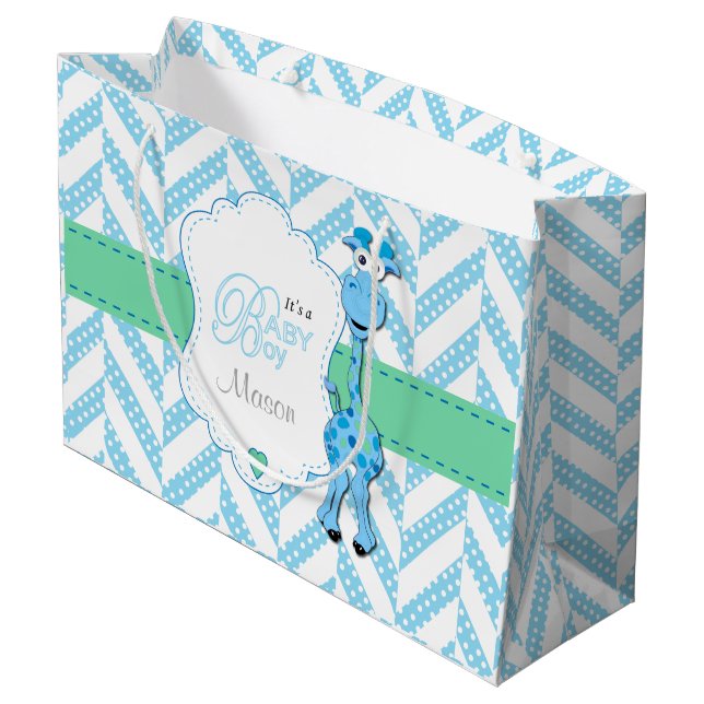 Baby Blue Giraffe Baby Dusche 2 Große Geschenktüte (Rückseite Schrägansicht)
