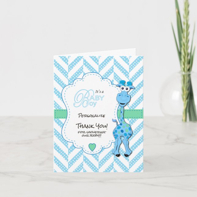 Baby Blue Giraffe Baby Dusche Dankeskarte (Vorderseite)