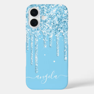 Baby Blue Glitter Drips Glam Signatur iPhone 16 Hülle