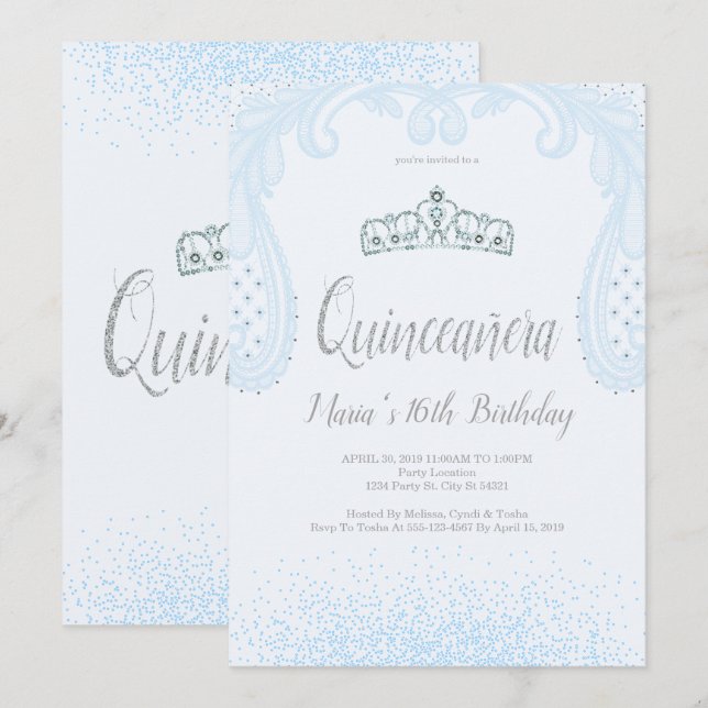 Baby Blue Glitzer & Lace, Einladungen von Quinceañ (Vorne/Hinten)