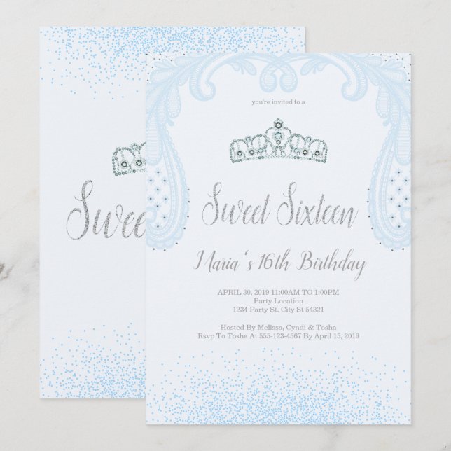 Baby Blue Glitzer & Lace, Sweet 16 Einladungen (Vorne/Hinten)