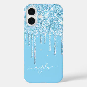 Baby Blue Glitzer Tropfens Glam Signature iPhone 16 Hülle
