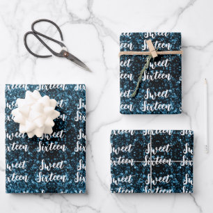 Baby blue Glitzern Sweet 16 elegantes Skriptmuster Geschenkpapier Set