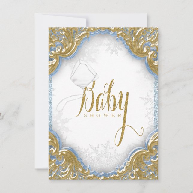 Baby Blue Gold Boy Snowflake Baby Dusche Einladung (Vorderseite)