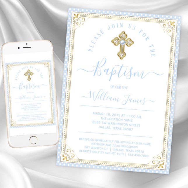 Baby Blue Gold Boy Taufe Einladung (Baby blue gold baptism invitations. Instant download and printed invitations available.)