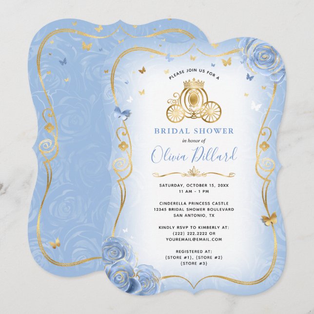 Baby Blue Gold Cinderella Princess Brautparty Einladung (Vorne/Hinten)