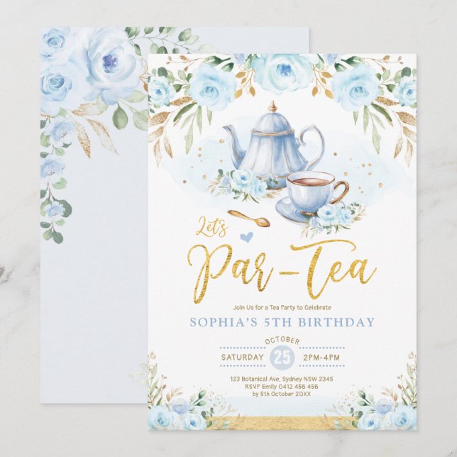 Baby Blue Gold Floral Girls Birthday Tee Party Einladung (Vorne/Hinten)