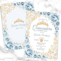 Baby Blue Gold Floral Quinceanera