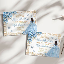 Baby Blue Gold Floral Quinceanera