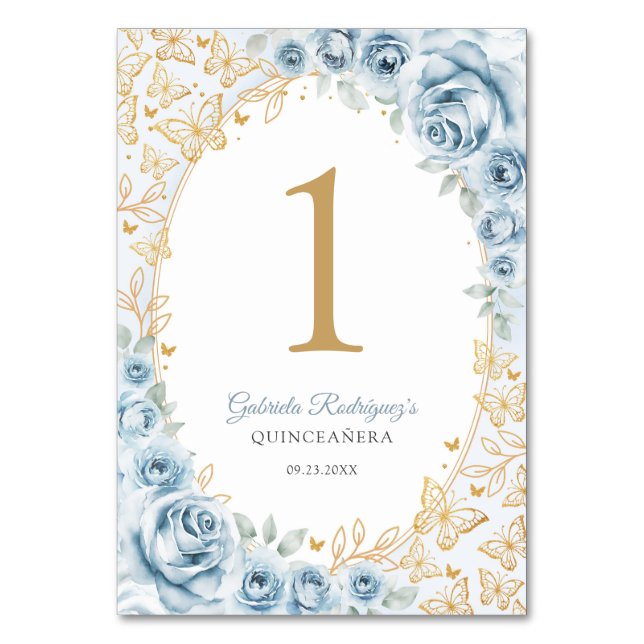 Baby Blue Gold Floral Quinceanera Tischnummer (Vorderseite)