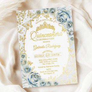 Baby Blue Gold Florale Quinceañera Folieneinladung