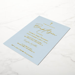 Baby Blue Gold Kreuz moderne Typografie Schrift Folieneinladung