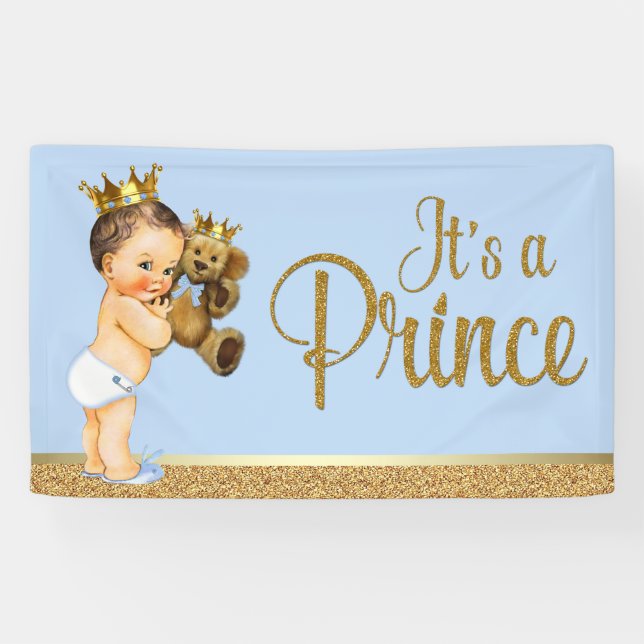 Baby Blue Gold Prince Teddy Bear Baby Dusche Banner (Horizontal)