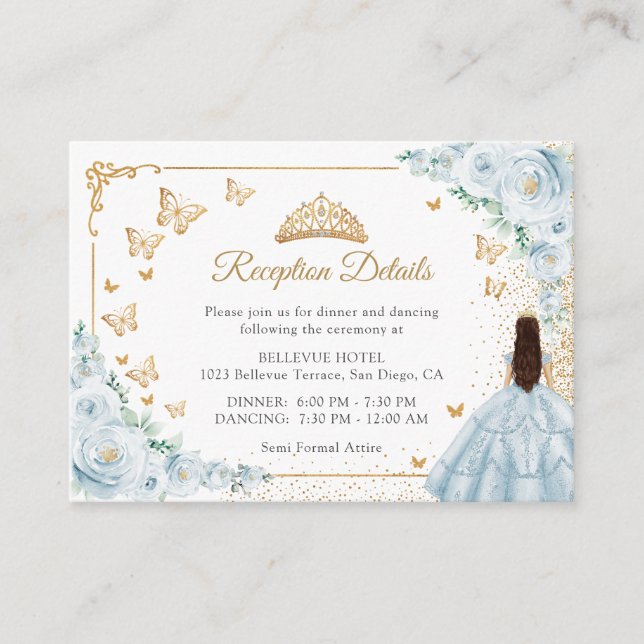 Baby Blue Gold Quinceanera Reception Details Begleitkarte (Vorderseite)