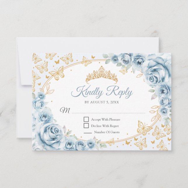 Baby Blue Gold Quinceanera Reply RSVP Karte (Vorderseite)