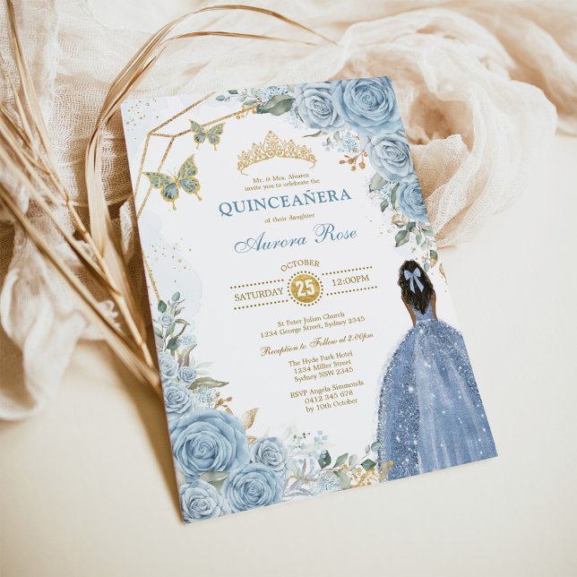 Baby Blue Gold Quinceñera Butterfly Princess Einladung (Von Creator hochgeladen)