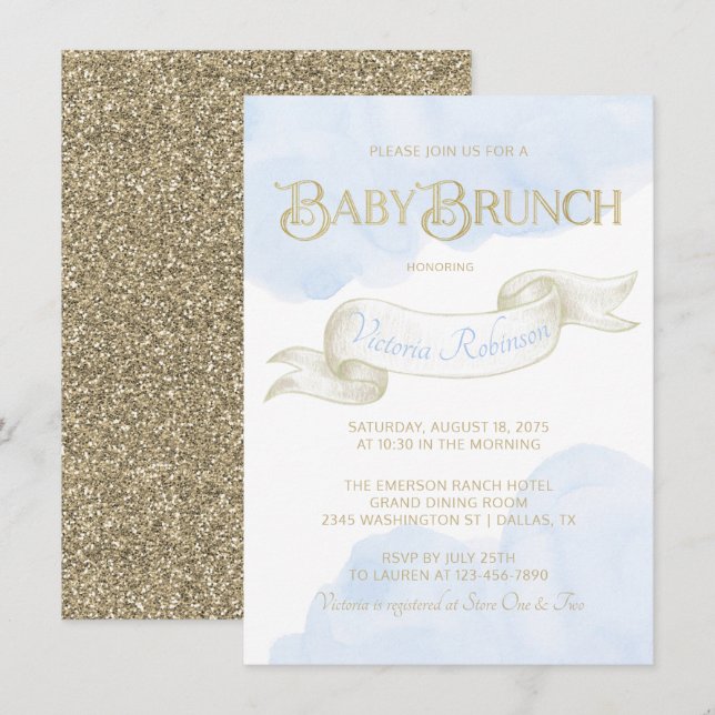 Baby Blue Gold Watercolor Boy Babydusche Brunch Einladung (Vorne/Hinten)