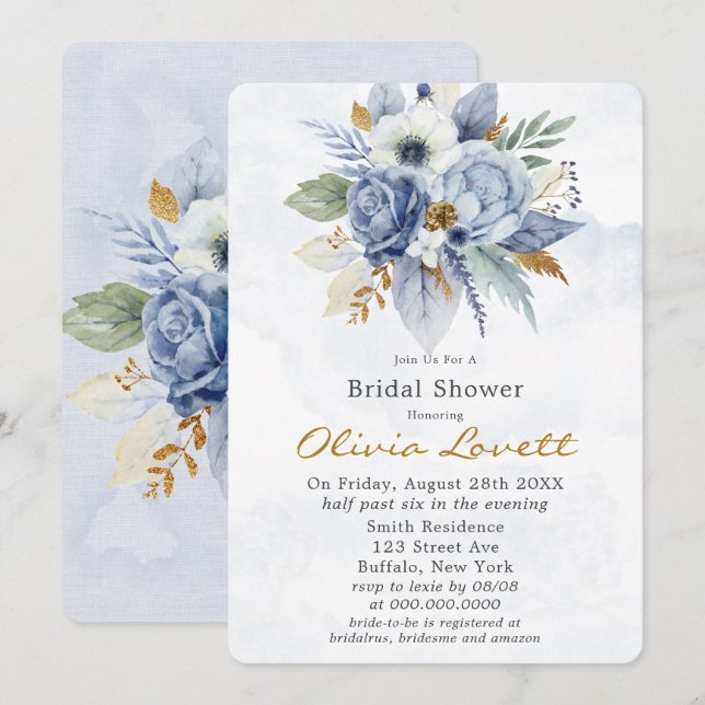 Baby Blue Gold Watercolor Peony Chic Brautparty Einladung (Vorne/Hinten)