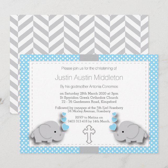 Baby Blue & Gray Elephant 🐘 Baby - Christening Einladung (Vorne/Hinten)