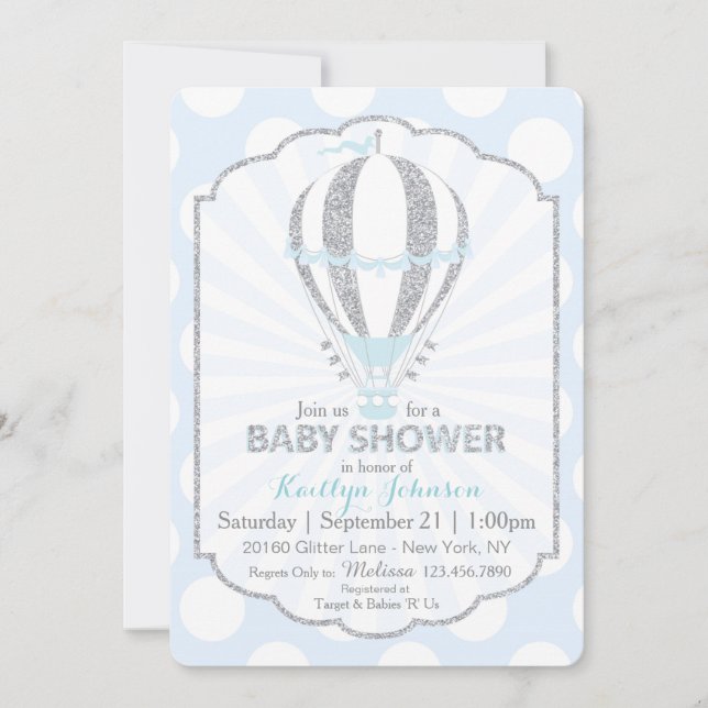 Baby Blue Hot Air Balloon Baby Dusche Einladung (Vorderseite)
