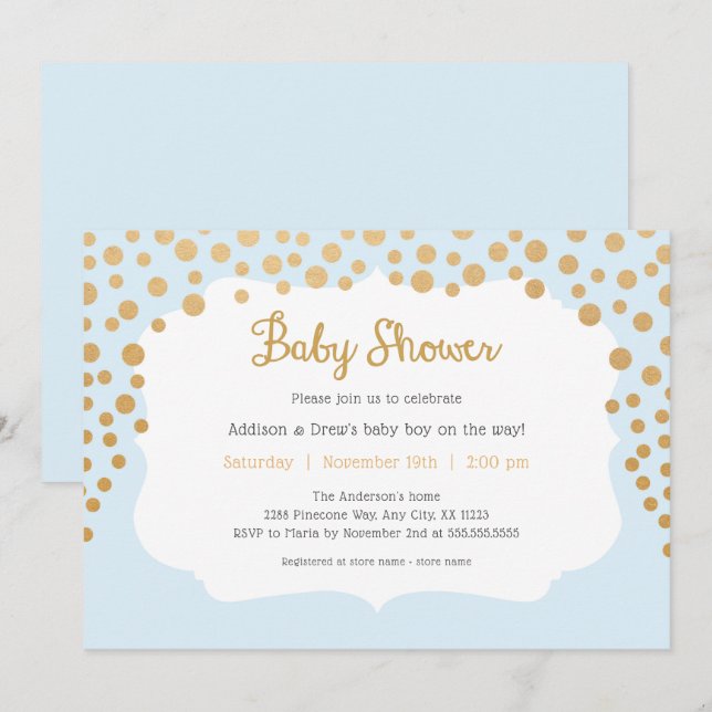 Baby Blue + Imitat Goldjunge Babydusche Einladung (Vorne/Hinten)