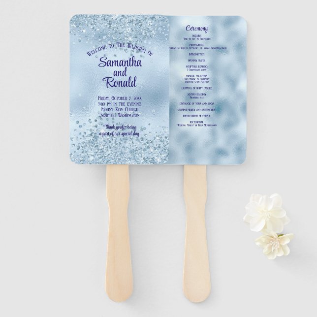 Baby Blue Imitats Glitzer and Foil Wedding Program Fächer (Vorne und Hinten)