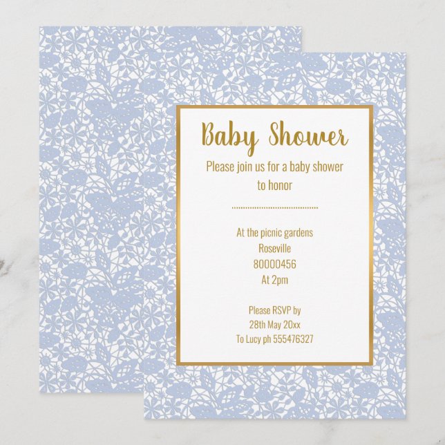 BABY BLUE LACE GOLD TRIM ELEGANT BABY DUSCHE EINLADUNG (Vorne/Hinten)