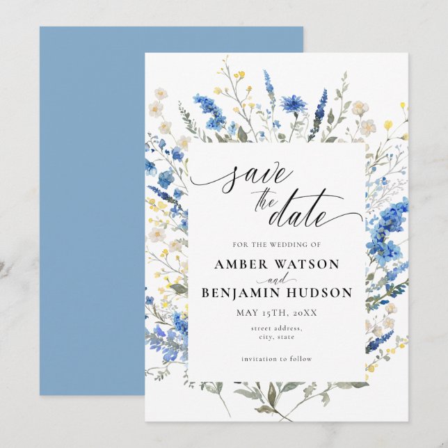 Baby Blue Light Dainty Wild Floral Save the Date Einladung (Vorne/Hinten)