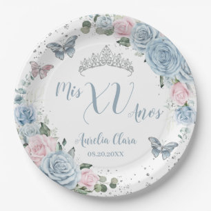 Baby Blue Light Pink Floral Butterfly Quinceñera Pappteller