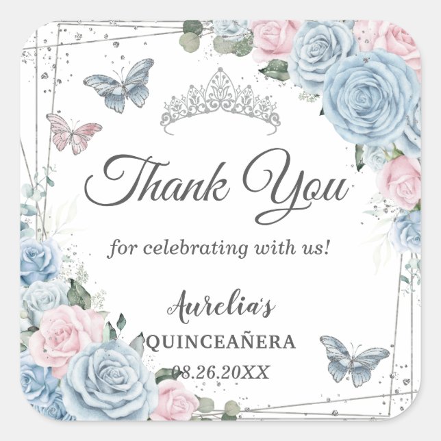 Baby Blue Light Pink Floral Butterfly Quinceñera Quadratischer Aufkleber (Vorderseite)