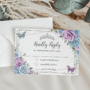 Baby Blue Lila Lilac Floral Silver Quinceañera RSVP Karte