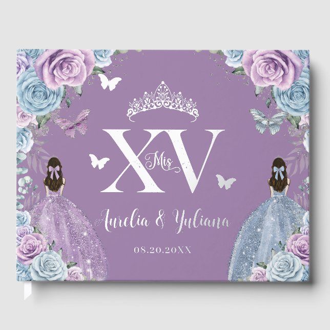 Baby Blue Lila Lilac Floral Twins Quinceañera Gästebuch (Vorderseite)