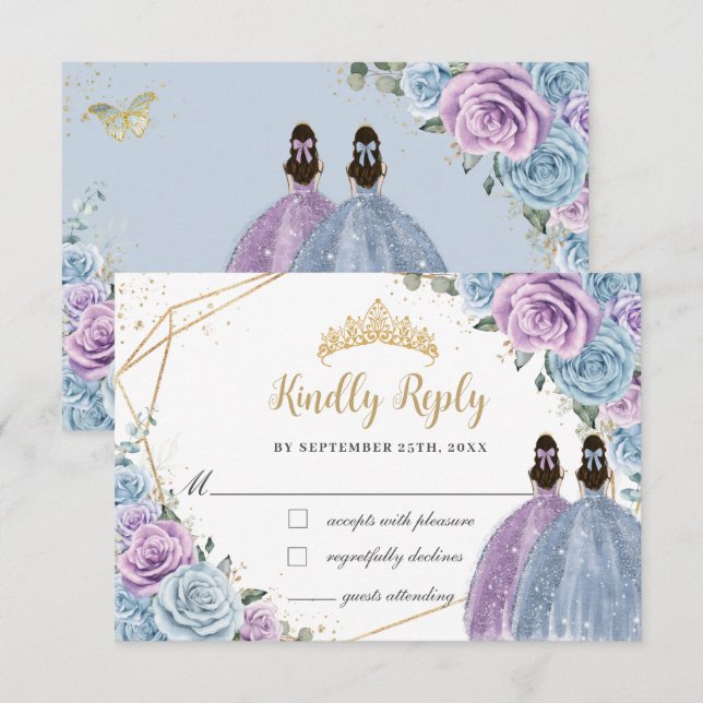 Baby Blue Lila Lilac Floral Twins Quinceañera RSVP Karte (Vorne/Hinten)