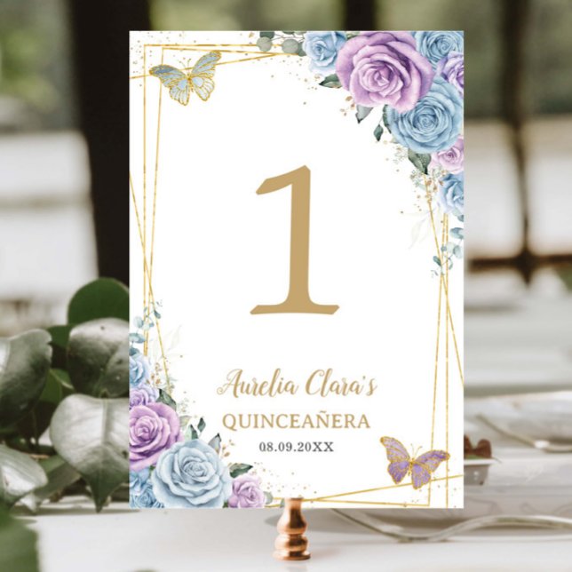 Baby Blue Lilac Floral Gold Quinceñera Sweet 16 Tischnummer (Von Creator hochgeladen)