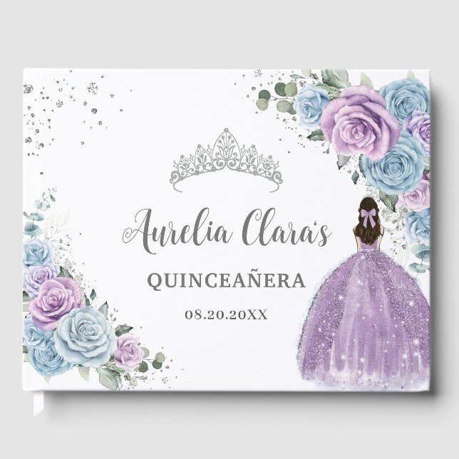 Baby Blue Lilac Floral Princess Silver Quinceañera Gästebuch (Vorderseite)
