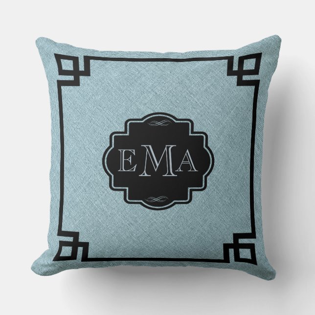 Baby Blue Linen Textur Schwarze Rahmen & Monogram Kissen (Vorderseite)