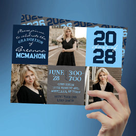 Baby Blue & Navy Chalkboard 3-Foto-Abschluss Einladung