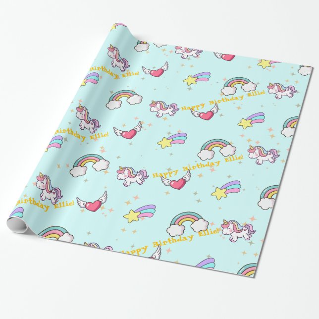 Baby Blue Niedlich Rainbow Unicorn Star Magical Geschenkpapier (Ungerollt)