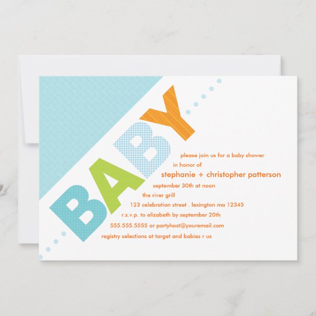 Baby Blue| Orange Modern Baby Dusche Einladung (Vorderseite)