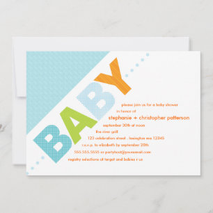 Baby Blue  Orange Modern Baby Dusche Einladung