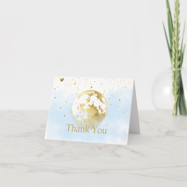 Baby Blue Over Moon and Stars Celestial Gold Dankeskarte (Vorderseite)