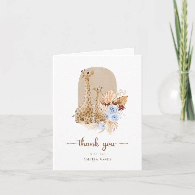 Baby Blue Pampas Grass Giraffe Baby Dusche Dankeskarte (Vorderseite)